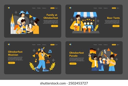 Oktoberfest celebration set. Families, musicians, and parades capture the festive spirit of Germany's iconic beer festival. Experiencing cultural traditions and joy. Vector illustration.