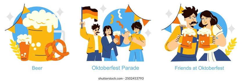 Oktoberfest celebration set. Illustration of festive beer, parade, and friends cheering with drinks. Traditional German festival moments. Vector illustration.