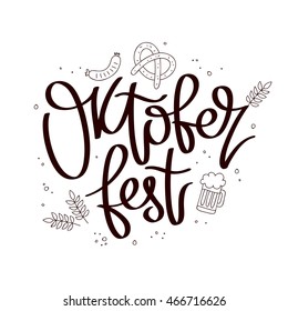 Oktoberfest Celebration. The trend calligraphy. Vector illustration on white background. Beer icons. Excellent gift card. Elements for design.