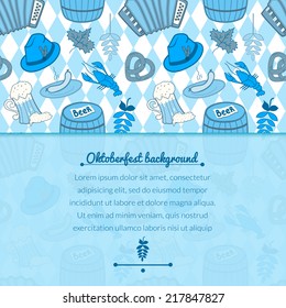 Oktoberfest celebration vector background with attributes of festival and horizontally space for text in doodle style