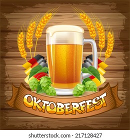 Oktoberfest celebration vector background with beer mug, hops and wheat