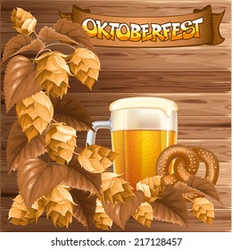 Oktoberfest celebration vector background with beer mug, hops and pretzel