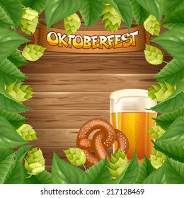 Oktoberfest celebration vector background with beer mug, hops and pretzel