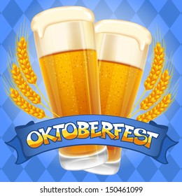 Oktoberfest celebration vector background with two beer mugs.