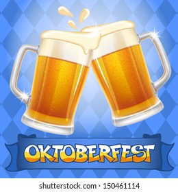 Oktoberfest celebration vector background with two beer mugs.