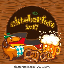 Cartel vectorial de celebración de Oktoberfest con letras. Cerveza del festival alemán, bandera bávara, pretzels salados, perro salchicha Dachshund con sombrero alpino. Banners festivos, cabeceras, marcos y menús