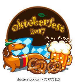 Oktoberfest celebration vector poster with lettering. German festival mug of beer, Bavarian flag, salty pretzels, Dachshund sausage dog in alpine hat. Festive Banners, headers, frames, and menu offers