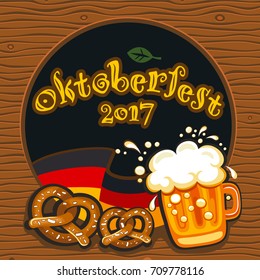 Oktoberfest celebration vector poster with lettering. German festival mug of beer, Bavarian flag, salty pretzels, traditional snacks and drinks. Round festive Banners, Headers, frames, and menu offers