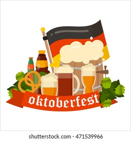 Oktoberfest celebration vector poster. Oktoberfest vector text. Beer Oktoberfest German festival keg of beer, bottle beer. Festive Oktoberfest Banners, Headers with Beer, Wurst, Flag and Pretzel.