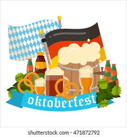 Oktoberfest celebration vector poster. Oktoberfest vector text. Beer Oktoberfest German festival keg of beer, bottle beer. Festive Oktoberfest Banners, Headers with Beer, Wurst, Flag and Pretzel.