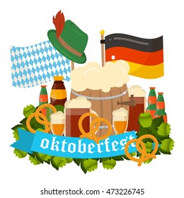 Oktoberfest celebration vector poster. Oktoberfest vector text. Beer Oktoberfest German festival keg of beer, bottle beer. Festive Oktoberfest Banners, Headers with Beer, Wurst, Flag and Pretzel.