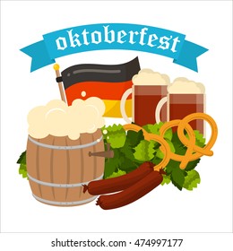 Oktoberfest celebration vector poster. Oktoberfest vector text. Beer Oktoberfest German festival keg of beer, bottle beer. Festive Oktoberfest Banners, Headers with Beer, Wurst, Flag and Pretzel.