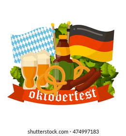 Oktoberfest celebration vector poster. Oktoberfest vector text. Beer Oktoberfest German festival keg of beer, bottle beer. Festive Oktoberfest Banners, Headers with Beer, Wurst, Flag and Pretzel.