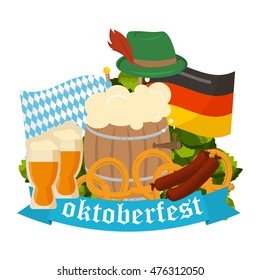 Oktoberfest celebration vector poster. Oktoberfest vector text. Beer Oktoberfest German festival keg of beer, bottle beer. Festive Oktoberfest Banners, Headers with Beer, Wurst, Flag and Pretzel.