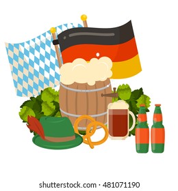 Oktoberfest celebration vector poster. Oktoberfest vector text. Beer Oktoberfest German festival keg of beer, bottle beer. Festive Oktoberfest Banners, Headers with Beer, Wurst, Flag and Pretzel.