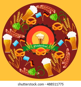 Oktoberfest celebration vector poster. Oktoberfest vector text. Beer Oktoberfest German festival keg of beer, bottle beer. Festive Oktoberfest Banners, Headers with Beer, Wurst, Flag and Pretzel.