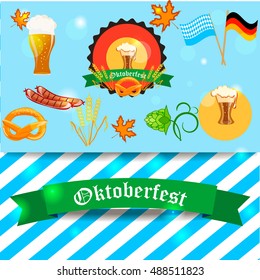 Oktoberfest celebration vector poster. Oktoberfest vector text. Beer Oktoberfest German festival keg of beer, bottle beer. Festive Oktoberfest Banners, Headers with Beer, Wurst, Flag and Pretzel.