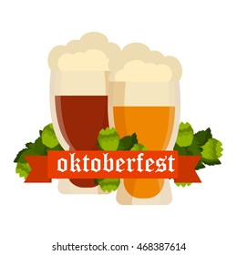 Oktoberfest celebration vector with two beer mugs. Oktoberfest beer banner festival pub sign symbol germany bavaria design. Oktoberfest glass beer festival banner party bar traditional culture.