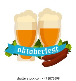 Oktoberfest celebration vector with two beer mugs. Oktoberfest beer banner festival pub sign symbol germany bavaria design. Oktoberfest glass beer festival banner party bar traditional culture.