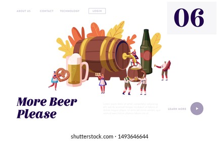 Oktoberfest Celebration Website Landing Page. Male and Female Characters Wearing Traditional German Costumes Walking around Huge Wood Barrel with Beer Web Page Banner. Cartoon Flat Vector Illustration