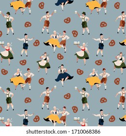 Oktoberfest character pattern.  Beer festival in Germany. Bavarian traditional October holiday. People in traditional Oktoberfest costumes. German traditional clothes. Trendy hand-drawn vector design.