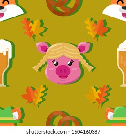 Oktoberfest character seamless pattern. Flat illustration background celebrating germany beer festival. Pretzel, leafs, beer, pig and fox character icon