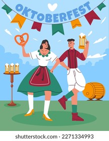 Oktoberfest characters poster. Funny dancing Bavarian couple in national costumes. German beer festival. Traditional autumn holiday. People holding pint glass and pretzel