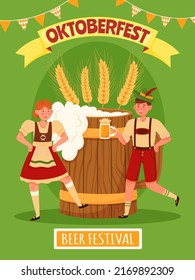 Oktoberfest characters poster. Funny people with mugs, happy man and woman with traditional bavarian clothes, beer annual fest, wheat in foamy beverage, recent vector cartoon flat concept