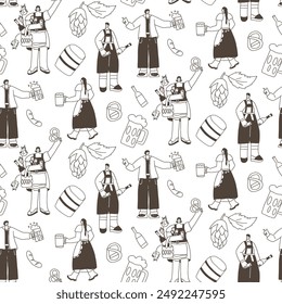 Oktoberfest characters seamless pattern. Doodle people with alcohol drinks endless background. Beer lovers repeat ornament surface. Vector hand drawn illustration.