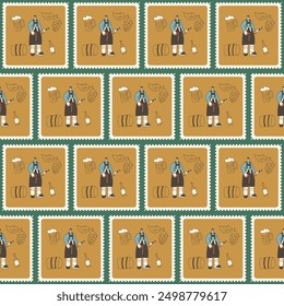 Oktoberfest checked seamless pattern. Character in traditional costume bento box repeat background. Beer festival retro stamps endless design. Vector hand drawn doodle illustration.