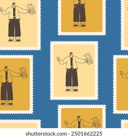 Oktoberfest checked seamless pattern. Character bento box repeat background. Beer festival retro stamps endless design. Vector hand drawn doodle illustration.