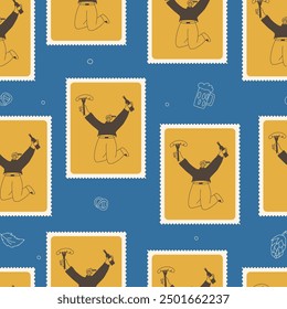 Oktoberfest checked seamless pattern. Happy character with bottle and sausage bento box repeat background. Beer festival retro stamps endless design. Vector hand drawn doodle illustration.