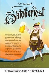 Oktoberfest. Cheerful Bavarian landscape on the background in national costume with a beer.