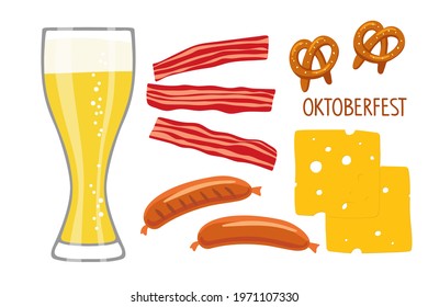 Oktoberfest collection. Beer bar. Vector beer glass and snacks, Bavarian sausages, bacon, pretzel, cheese slices. Oktoberfest beer festival. For poster, card design, menu, banner, logo. Pub food
