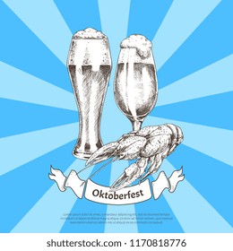 Oktoberfest color banner isolated on striped blue, vector illustration of two full glass goblets with frothy beer and roasted crayfish, snack and ale