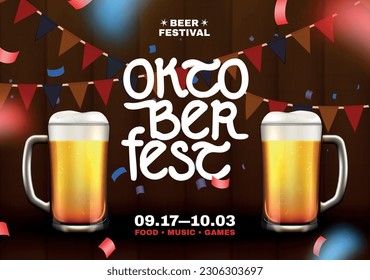 Oktoberfest colored flyer two beer cups and beer festival headline with descriptions vector illustration