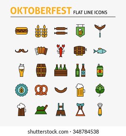 Oktoberfest Colorful Flat Line Icons Set. Vector Set of October Holiday Modern Outline Icons for Web and Mobile. Beer and Alcohol Icons Collection.