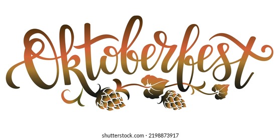 Oktoberfest colorful lettering with hop leaves and hop cones. Beer festival decorative element. Vector illustration.