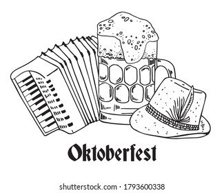 Oktoberfest composition. Traditional German hat, glass of beer, accordion. Hand drawn outline vector sketch illustration