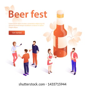 Oktoberfest concept banner in isometric style. Banner beer fest, beer festival poster. A young girl in traditional dress carries beer. Oktoberfest celebration, men and women holding beer mugs. For adv
