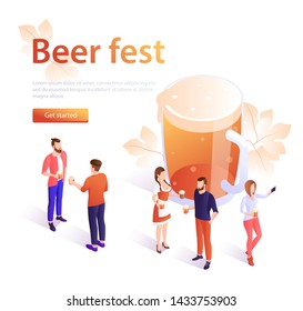 Oktoberfest concept banner in isometric style. Banner beer fest, beer festival poster. A young girl in traditional dress carries beer. Oktoberfest celebration, men and women holding beer mugs. For adv