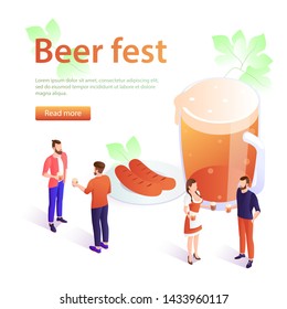 Oktoberfest concept banner in isometric style. Banner beer fest, beer festival poster. A young girl in traditional dress carries beer. Oktoberfest celebration, men and women holding beer mugs. For adv