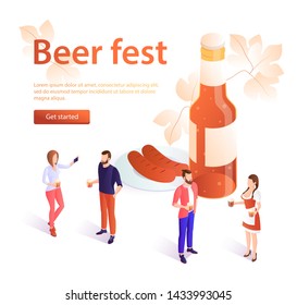 Oktoberfest concept banner in isometric style. Banner beer fest, beer festival poster. A young girl in traditional dress carries beer. Oktoberfest celebration, men and women holding beer mugs. For adv