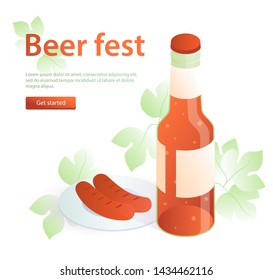 Oktoberfest concept banner in isometric style. Beer glass, beer bottle in isometric perspective.