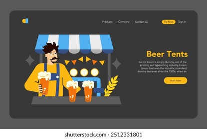 Conceito de Oktoberfest. Garçom servindo cerveja espumosa em uma tenda de cerveja festiva com decorações alegres. Celebre a cultura e a herança alemãs. Ilustração vetorial.