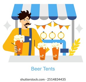 Conceito de Oktoberfest. Garçom servindo cerveja espumosa sob uma tenda festiva com decorações penduradas. Celebração tradicional, alegria e hospitalidade. Ilustração vetorial.