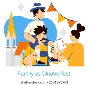 Oktoberfest concept. A family enjoys the festive atmosphere with traditional beer and attire. Celebratory mood in Munich with iconic architecture. Vector illustration.