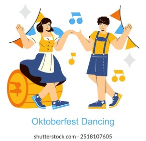 Oktoberfest concept. A joyful couple in traditional Bavarian attire dancing with festive decorations, symbolizing the celebratory spirit of the event. Vector illustration.