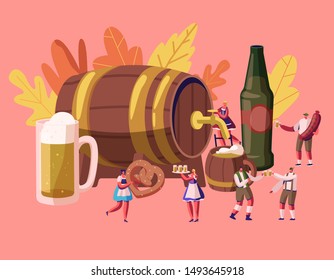 Oktoberfest Concept with Male and Female Characters Wearing Traditional German Costumes Walking around Huge Wooden Barrel with Pouring Beer Holding Pretzel and Sausage Cartoon Flat Vector Illustration