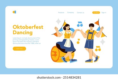 Oktoberfest concept. A man and a woman in traditional Bavarian attire dancing joyfully with festive decorations. Celebratory mood, cultural event. Vector illustration.